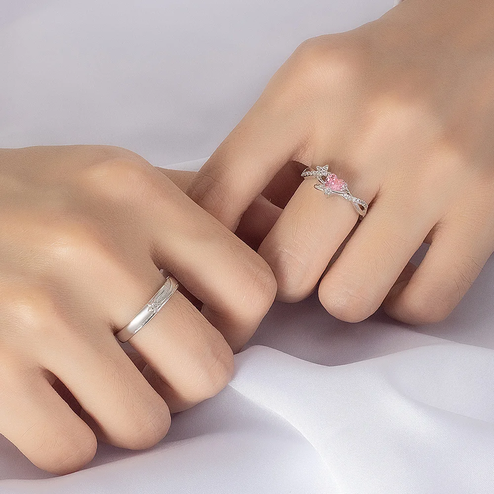 Modischer süßer Planet-Paarring aus 925er-Sterlingsilber mit eingelegtem rosa Liebeszirkon, Geburtstag, Hochzeitstag, Geschenk