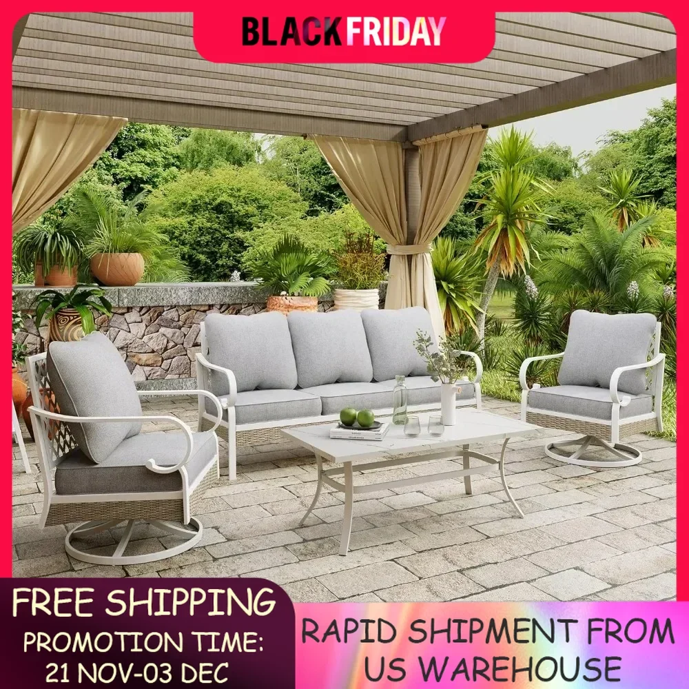 Patio Furniture Set,  2 x Swivel Chair, 1 x 3Seat Sofa with Marbling Coffee Table, 5 Seats Outdoor Conversation Set