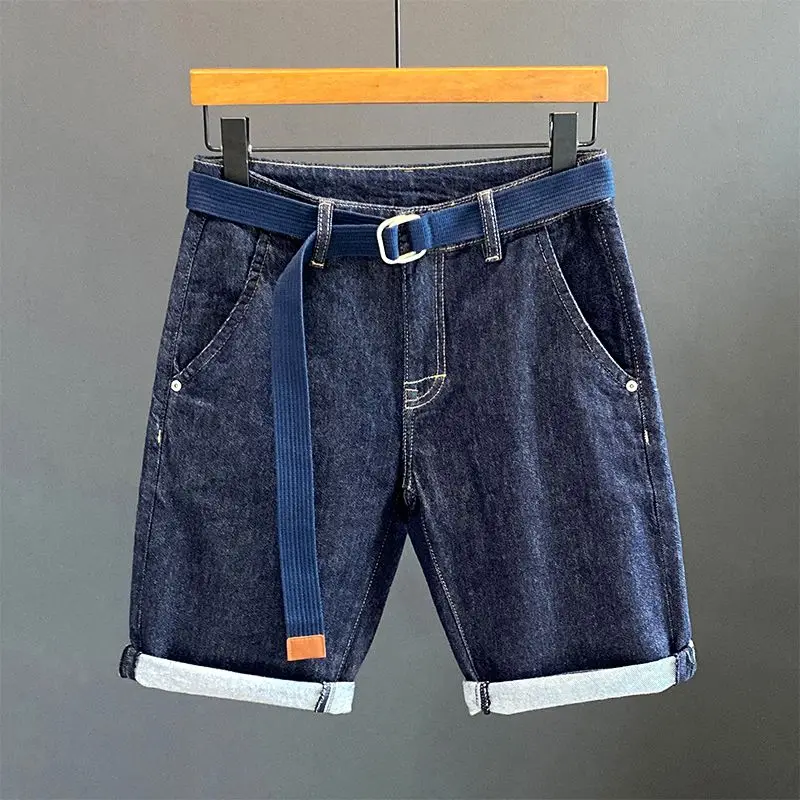 Dark Blue Workwear Denim Shorts Men's Summer Thin Stretch Belt Design Large Pocket Trendy Capris