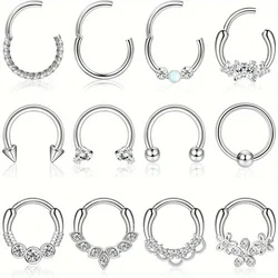 CASSIECA 1Pc 16G 316L Stainless Steel Septum Rings - CZ Opal, Versatile Hinged Design for Multiple Piercings, Hoop Nose Jewelry