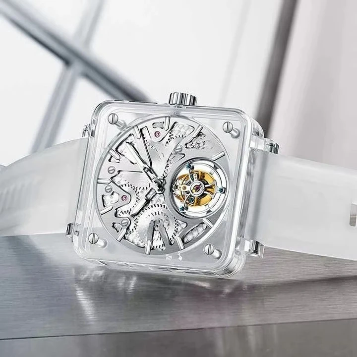

Fashionable Brand Flying Tourbillon Movement Manual Mechanical Watch Square Transparent Hollow Waterproof Watch for Men
