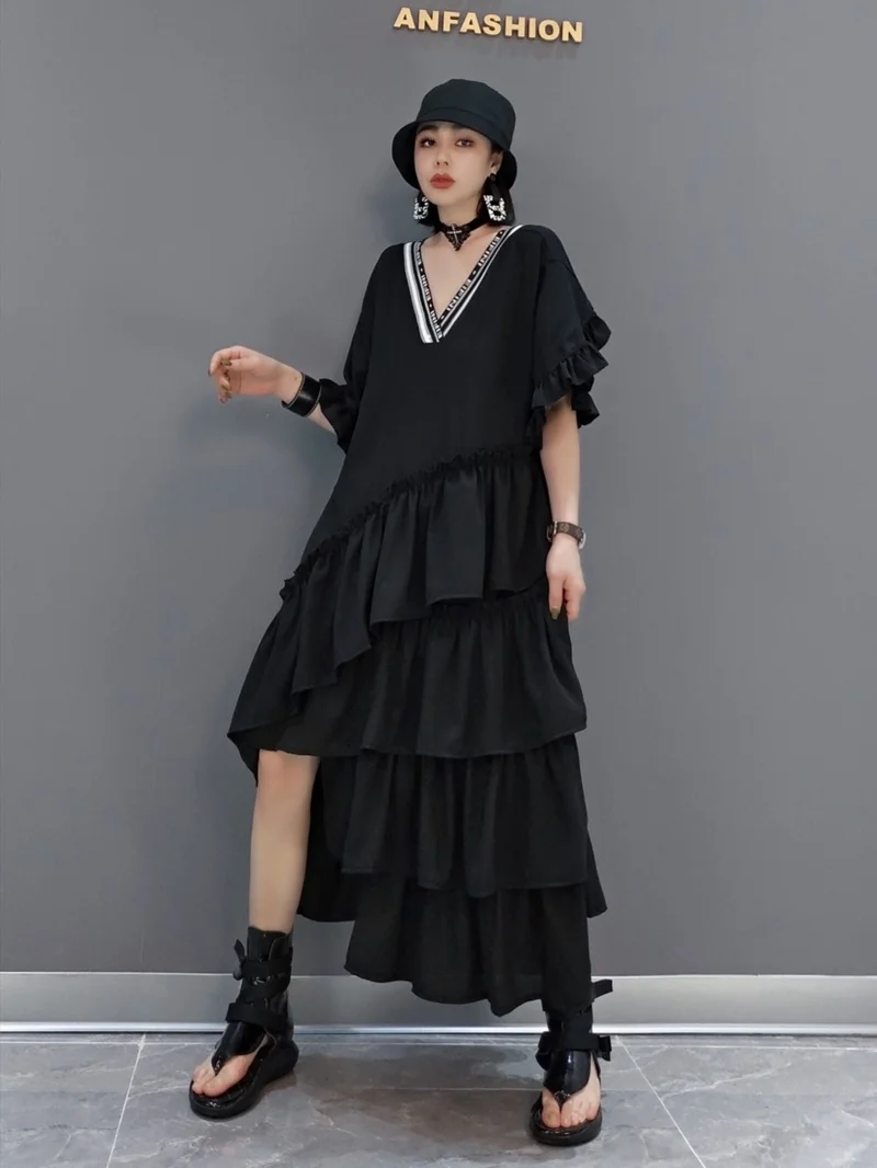 Vefadisa 2024 Summer Fashion Dress Black V-neck Loose Cake Skirt Asymmetric Personalized Trendy Girl Irregular Dress ZY748