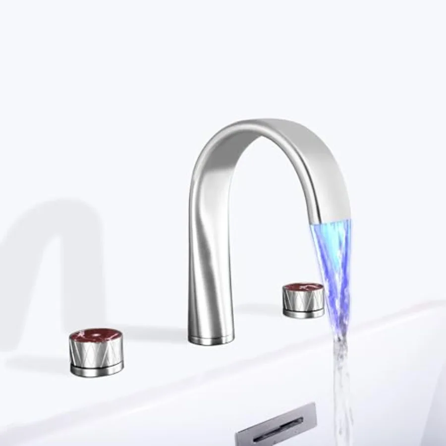 

Roman Bathtub Faucet Widespread LED Waterfall Faucet for Modern Bathrooms, Brushed Nickel, Jade Handles, 3-Hole, 360 Swivel Spo