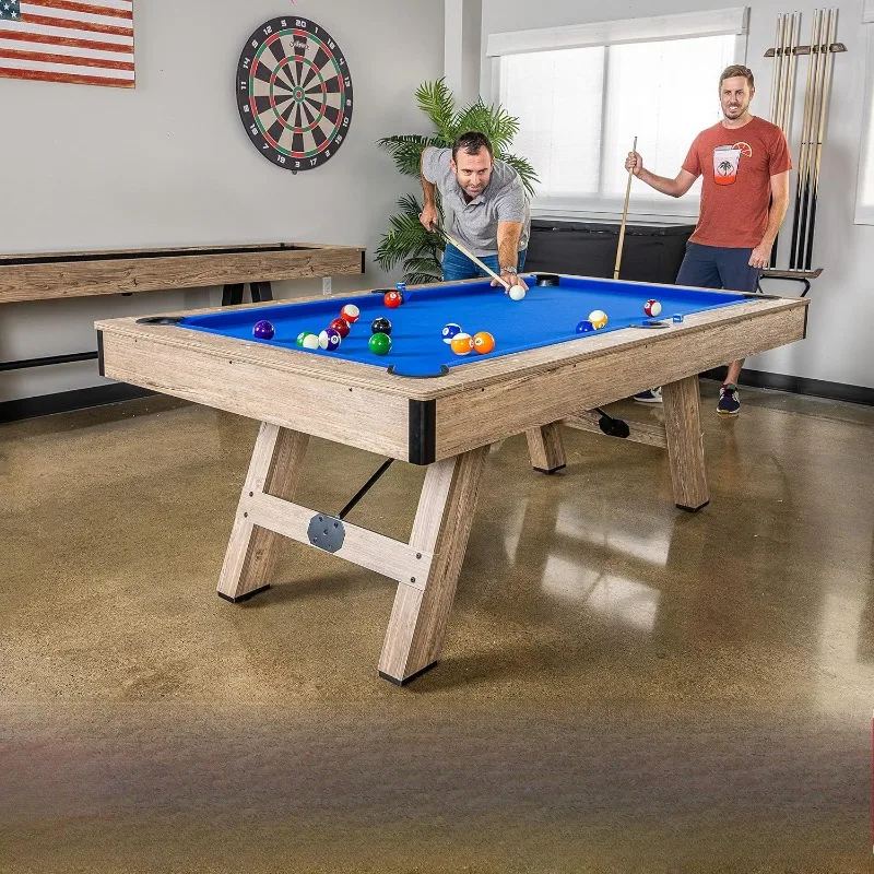 Pool Table with Wood Finish - Modern Billiards Table with  Cue Sticks