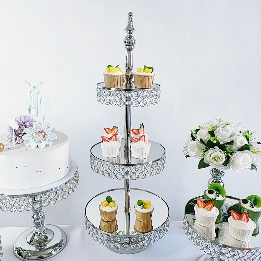 3Pcs -17Pcs/lot 3 Tiers Cupcake Tower Stand with Hanging Crystal wedding Party Cake Tower cake stand set Silver color baby show