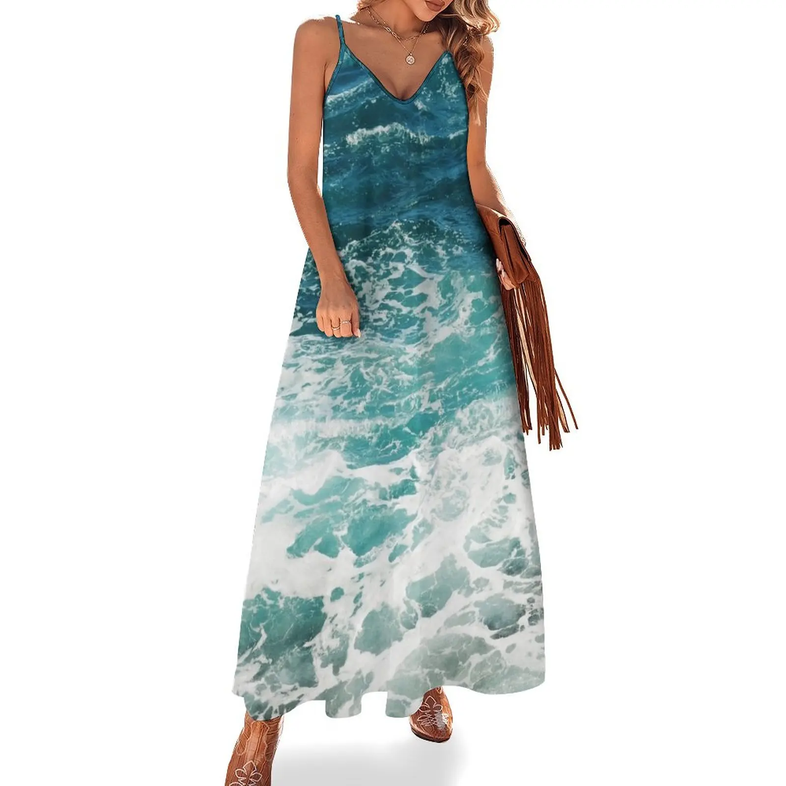 

Blue Ocean Waves Sleeveless Long Dress festival outfit women party dresses women Long dresses Dress