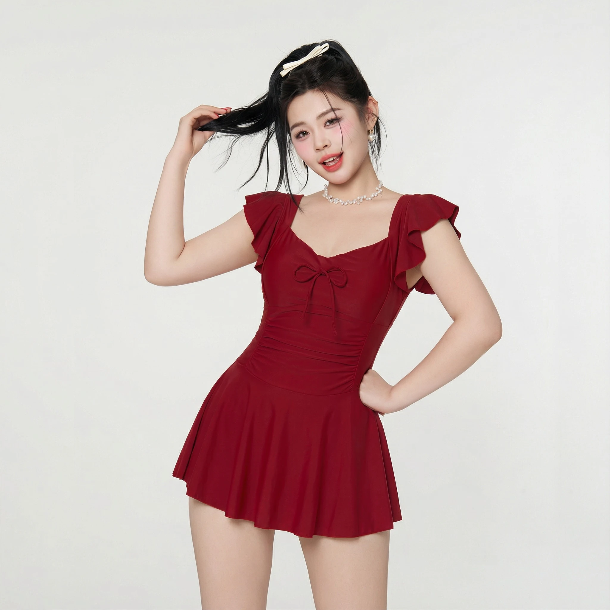 Slimming Monokini Swimming Suit for Plump Girls Hot Spring Soaking White Enhancing Red Color Concealing Flattering Swimwear