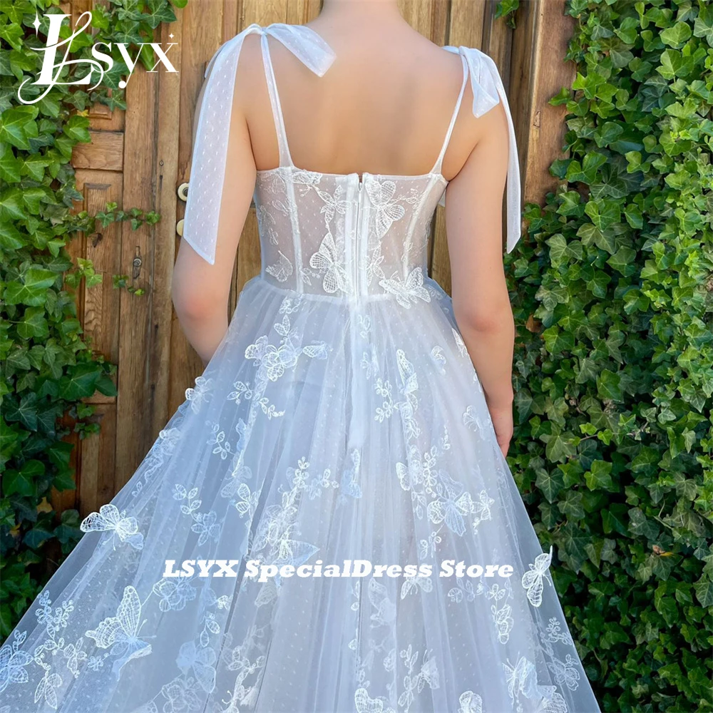 LSYX Borboleta Lace Querida Prom Dress 2023 Correias A Linha Alta Side Slit Sweep Train Tulle Vestido de Noite Robes De Soirée