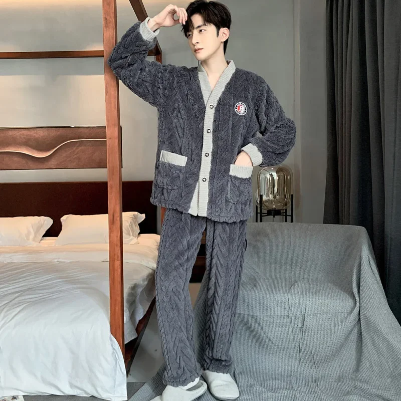 Winter Warm V-Neck Sleepwear For Men Autumn Flannel Men's Pajamas Coral Fleece Thickened Pajama Sets Solid Soft Warm Tops Lounge