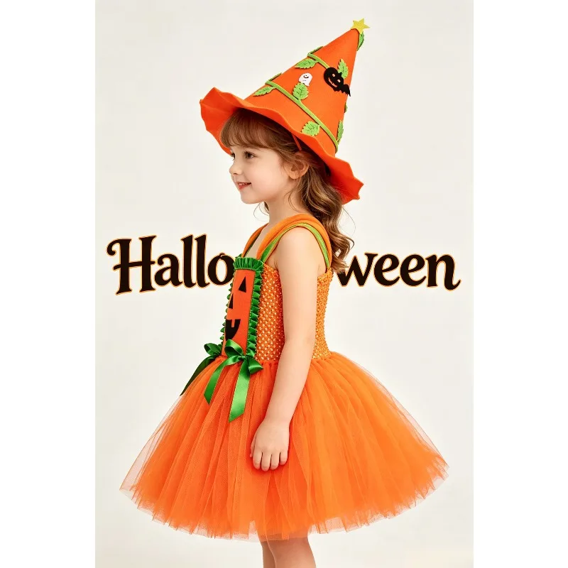 

Halloween Pumpkin Sequin Tulle Tutu Dress Candy Bag Cosplay Carnival Holiday Birthday Party Stage Performance Fancy Costume