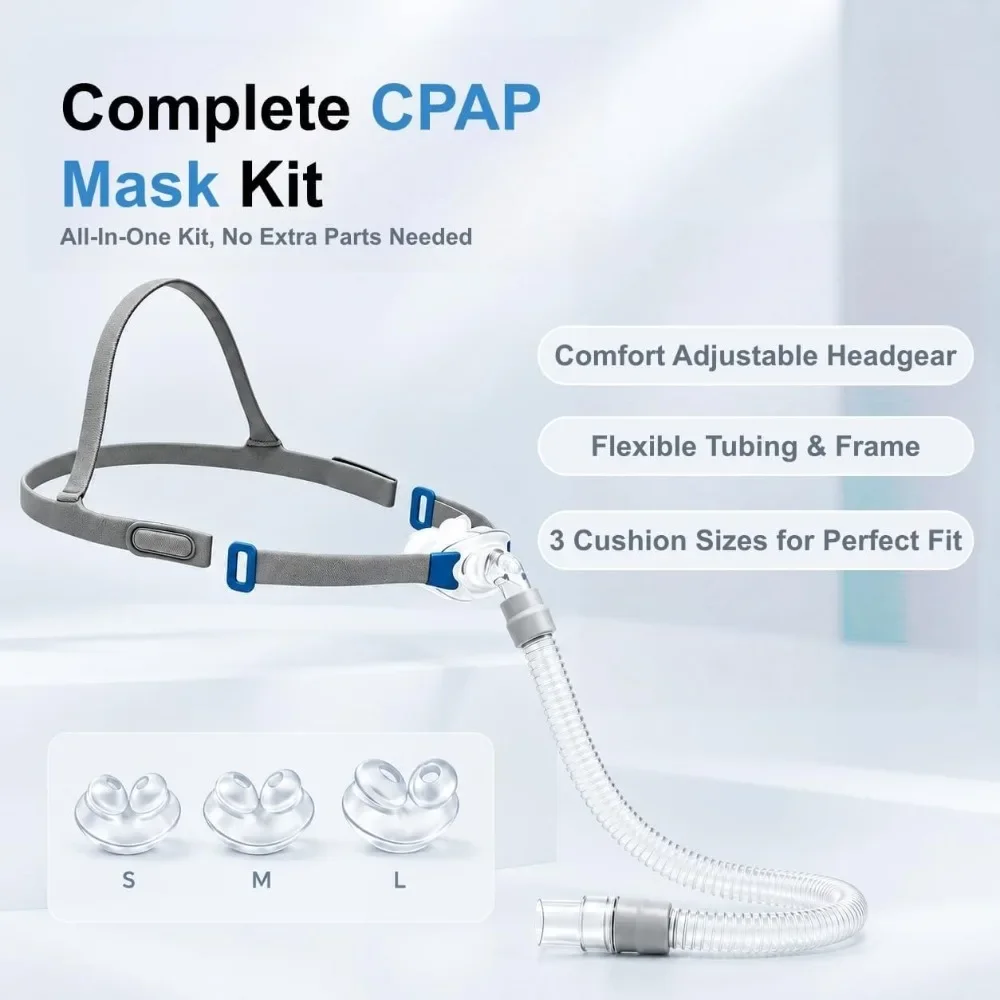 CPAP Nasal Pillow Mask Complete Kit, Includes Headgear Strap, Frame, 3 Size Nasal Cushions & Tubing Hose, BiPAP Replacement Mask