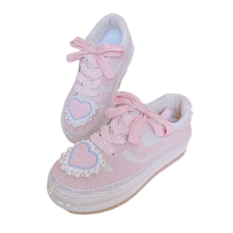 Heart Pearls Platform Sneakers Women Cute Thick Soled Casual Shoes Ladies Chunky Trainers Sweet Bow Lolita Sport Vulcanize Shoes