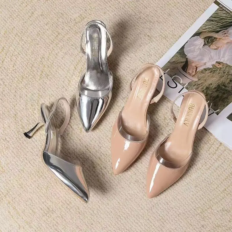 

Женские модные сандалии Baotou, новые весенне-летние однотонные туфли с острым носком и нескользящими износостойкими высокими каблуками.