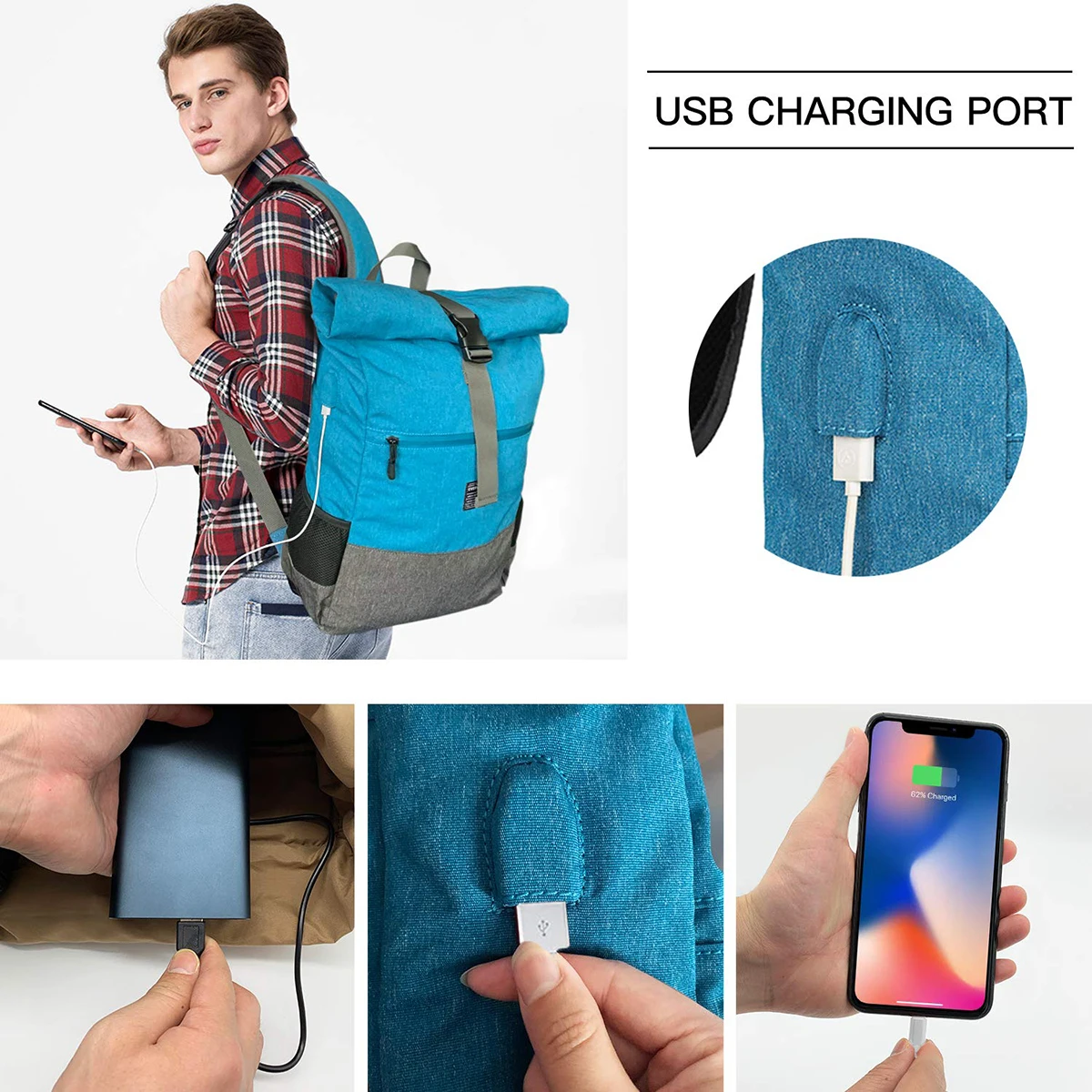 Imagem -03 - Mochila Evervanz-roll Top para Homens e Mulheres Mochila Impermeável para Caminhadas Mochila Leve Mochila Escolar com Porta Usb Casual