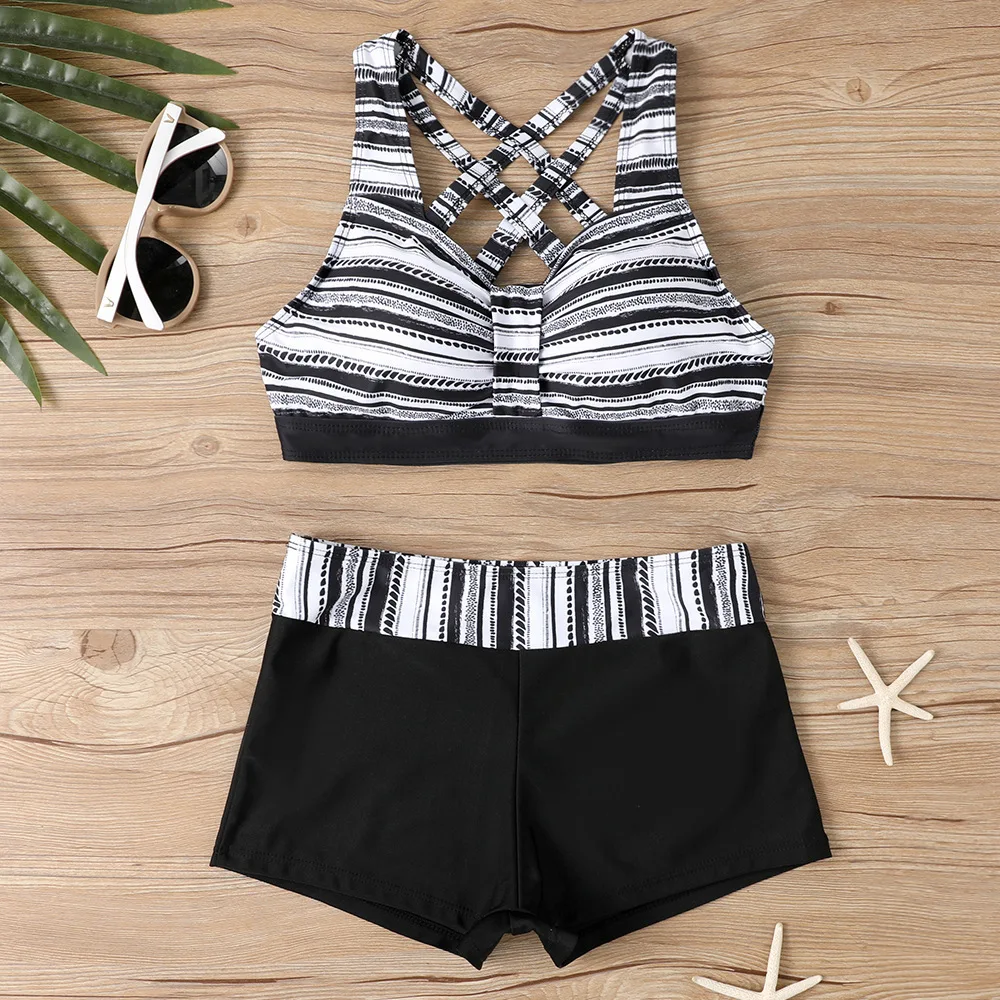 

Sexy Push Up Two Piece Swimsuits Ruched High Waist Striped Print Tankini Set Swimming Short Pant Beach Two Pieces Bathing Suit