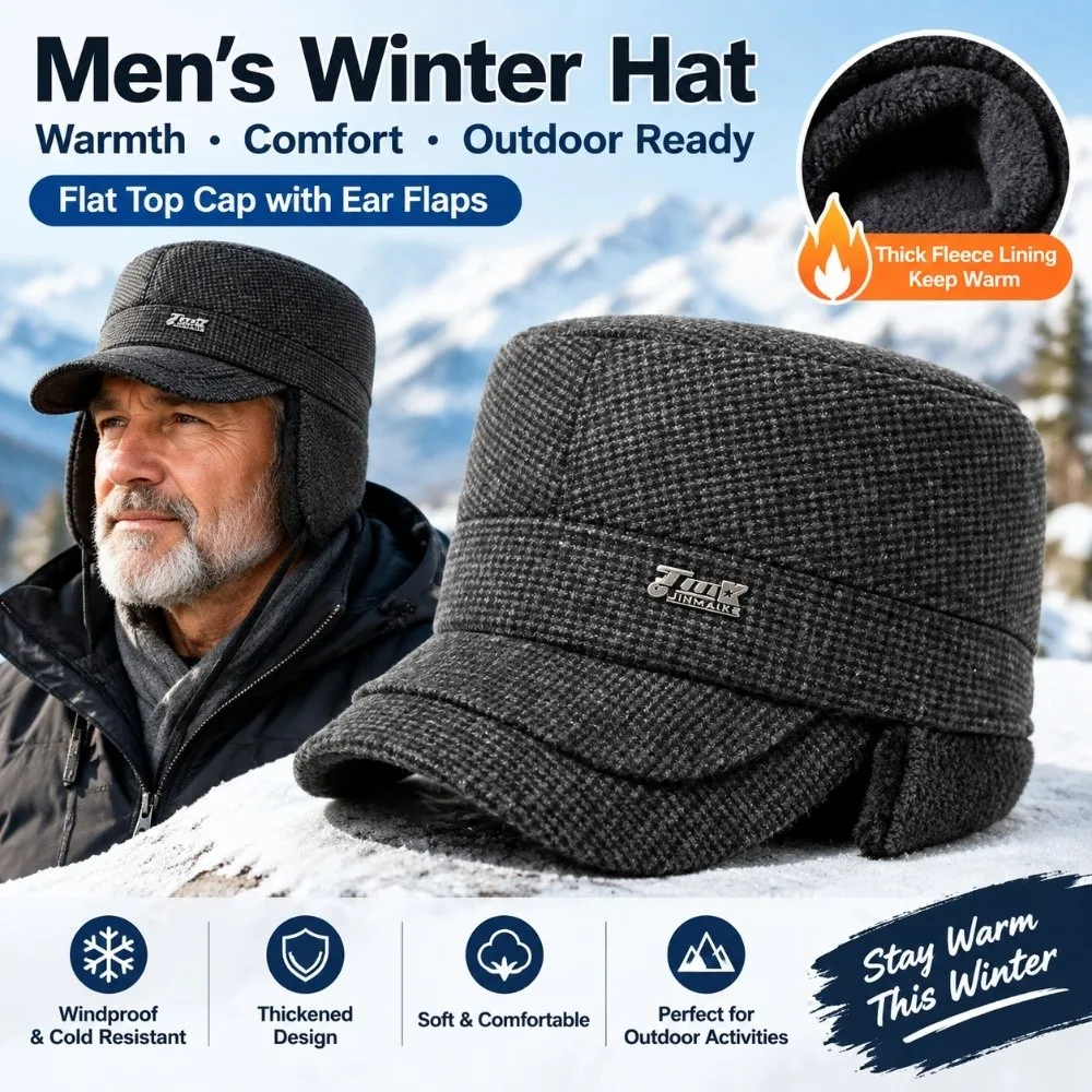 New Fleece Lined Men Flat Cap Thickened Ear Protection Gatsby Cap Cotton Fabric Cold Proof Elderly Men Hat Middle Aged Elder