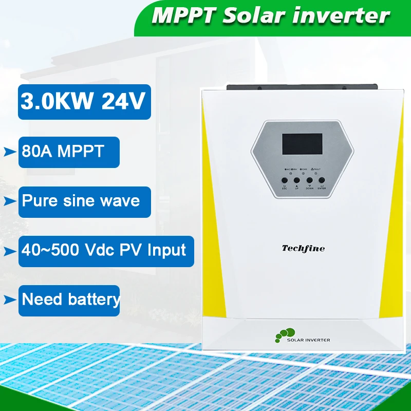 Techfine 3.0Kva/3.0KW 24V Pure Sine Wave 80A MPPT Solar Controller,40~500vdc High Pv Input Solar inverter