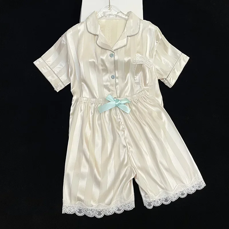 High-quality Ice Silk Lace Lace Girl Pajamas Spring and Summer Short-sleeved Shorts Home Service Two-piece Set Nightwear Nightie
