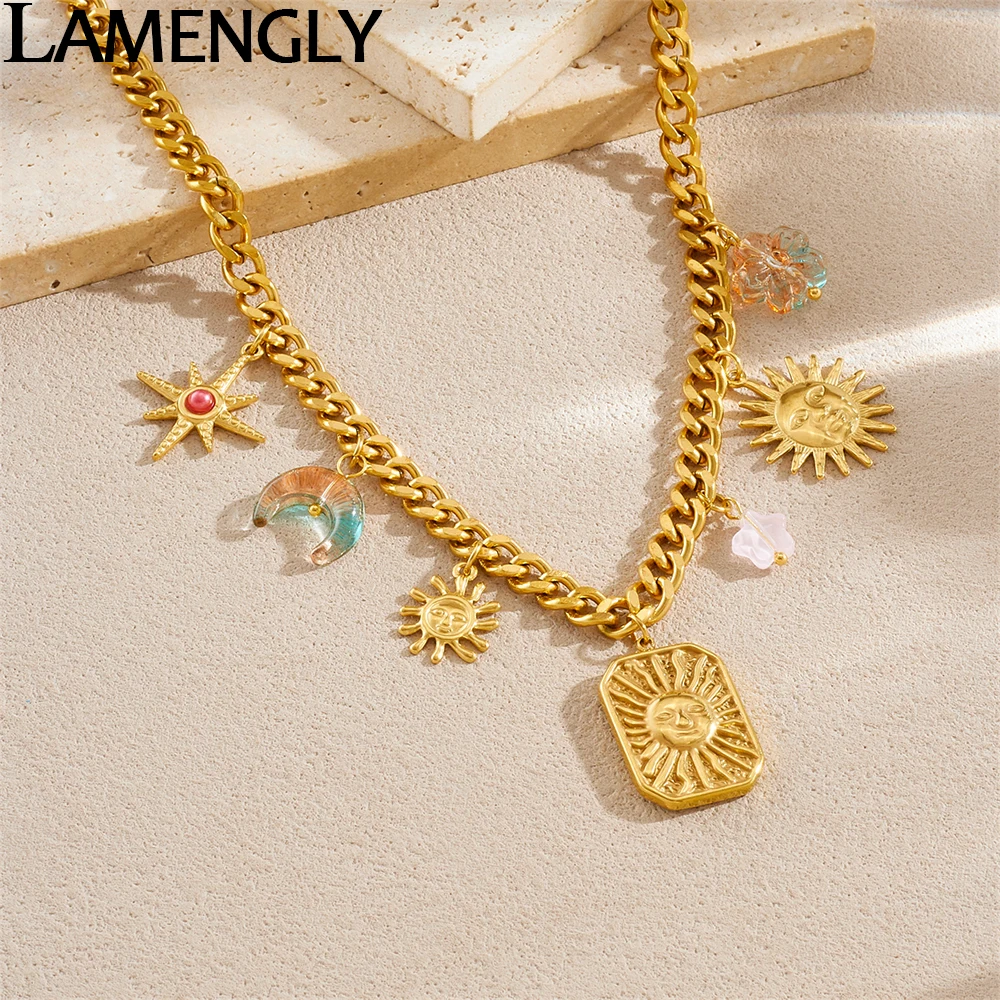 

LAMENGLY 316L Stainless Steel Exaggerated Texture Sun Face Moon Star Pendant Necklace Women Personal Trend Neck Chain Party Gift