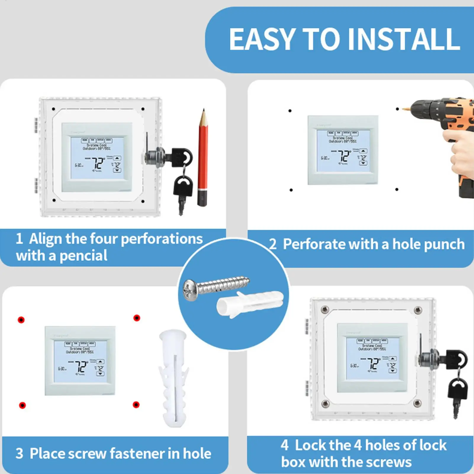 Thermostat Lock Box Cover Thermostat Transparent Protective Cover Lock Wall-Mounted Lock Box Prevent tampering secure access ﻿
