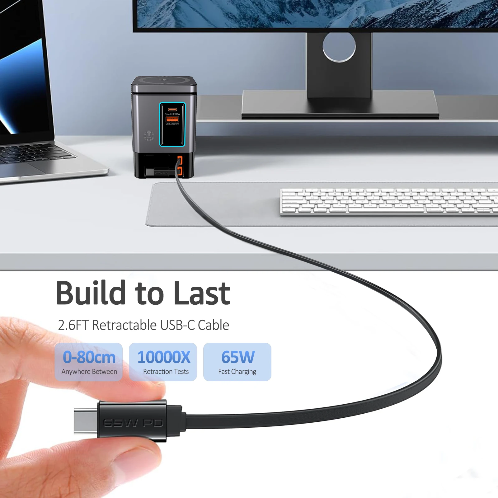 105W Ladestation mit Doppel-65W Einziehbarem Kabel 6-in-1 GaN-Ladegerät für iPhone, AirPods und MacBook – Detail 6