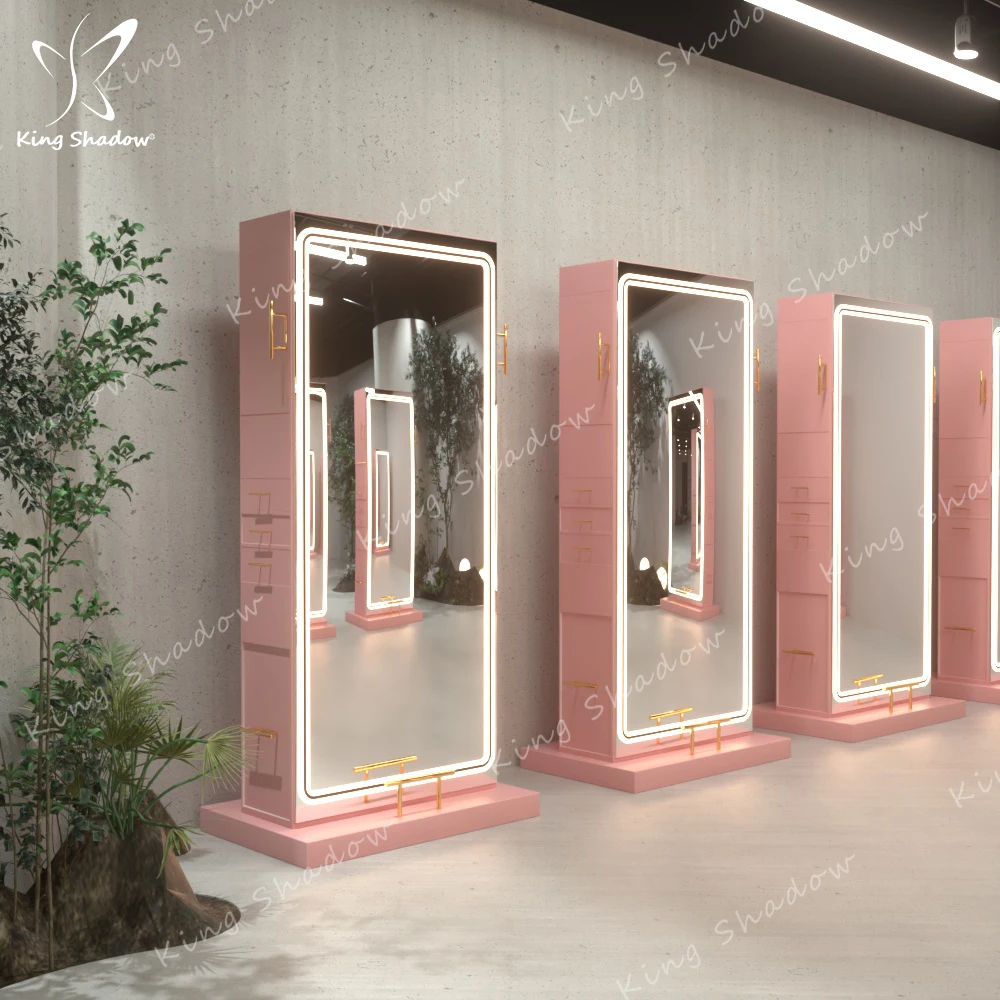 

Pink Color Double Sides Salon Mirror Station Wood Drawers for Hair Salon Furniture
