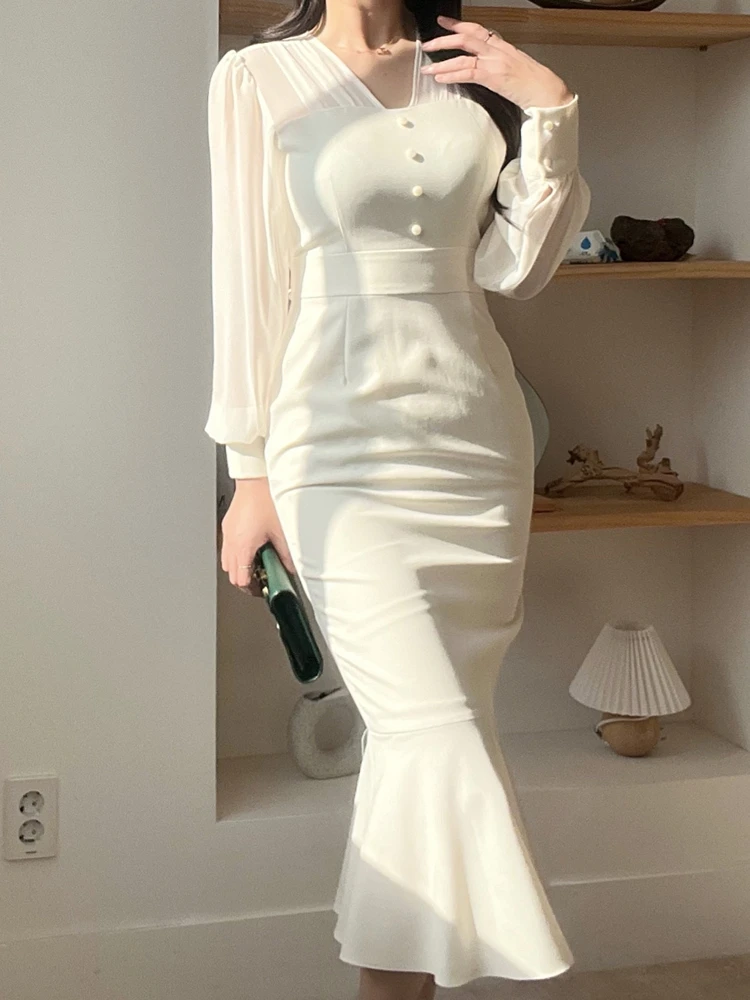 Elegant Mesh Bodycon Dress Women Vintage Slim Birthday Party Robe Female Fashion Korean Chic One Pieces Vestidos Mujers Clothes