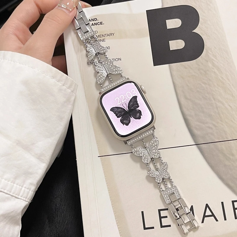 Correa elegante de mariposa con diamantes para Apple Watch Band 42mm 46 38 40 44 41 45 49mm pulsera de mujer iWatch Series Ultra 10 9 8 7 6