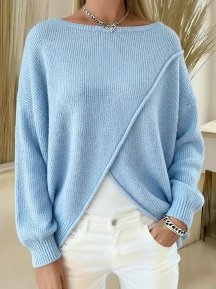 New autumn and winter knitted women's round neck slimming sweater solid color casual fashion versatile top