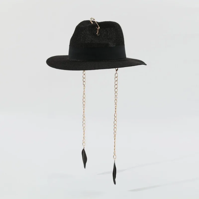 Women New Feather Design Sun Hat Metal Chain Beach Straw Cap Party Casual