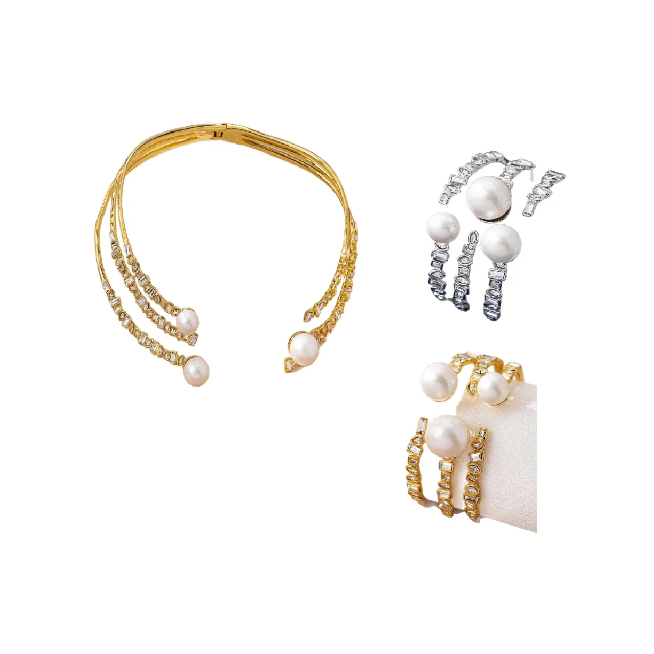 

Medieval Heavy Industry Crystal Pearl Multi layer Bangles Collar Ring, Genius Designer Versatile Jewelry Set Gift for Women