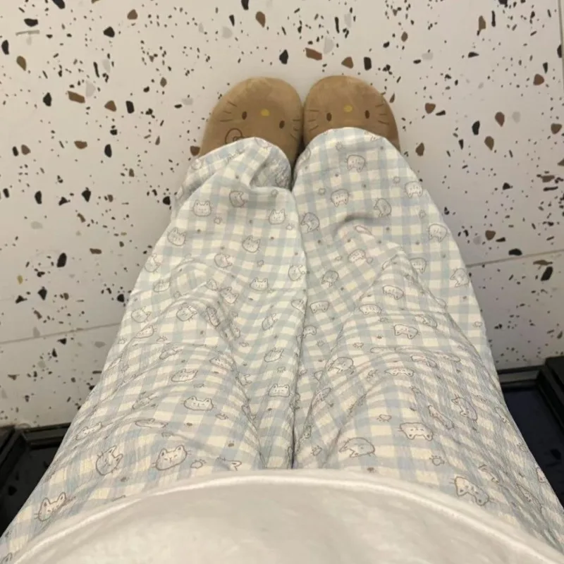 Blue Plaid K Cat Cute Cartoon Lazy Woman Autumn Casual Loose Trousers Walking Trousers Can Be Worn Outside Pajama Trousers Woman