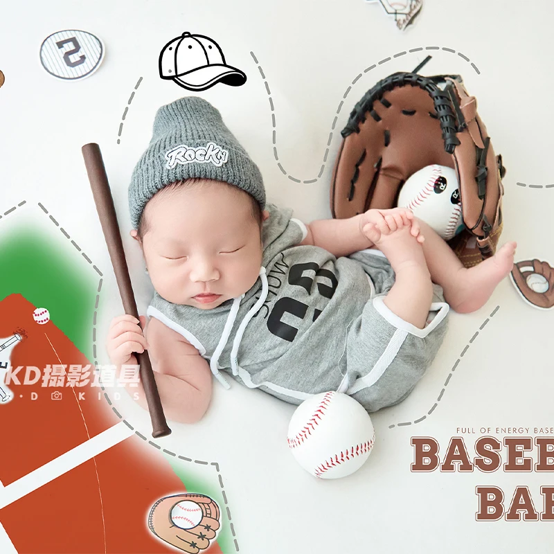 newborn-baby-boy-baseball-photography-outfit-set-gray-hooded-romper-with-beanie-sporty-theme-baby-costume-for-studio-photoshoot