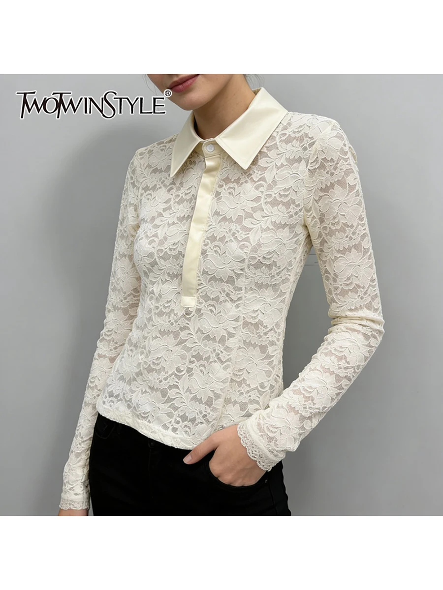 

TWOTWINSTYLE однотонные рубашки с вышивкой для женщин, модная рубашка с длинными рукавами и лацканами в стиле пэчворк на пуговицах, женская новинка