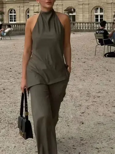 Imagen 2 del producto HH-Conjunto de pantalones lisos Vintage para mujer, camisola Sexy con espalda descubierta y cuello Halter, camiseta sin mangas asimétrica + pantalones con cordón, ropa de calle de moda