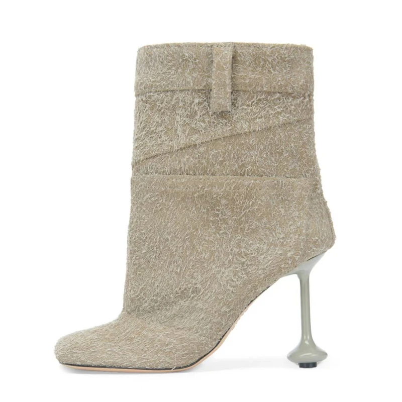 

Square Toe Beige Fuzzy Fabric Shaped Heel Boots Woman 2026 Slip-On Toy Heel Luxury Mid-Calf Boots Fashion Shoes for Women
