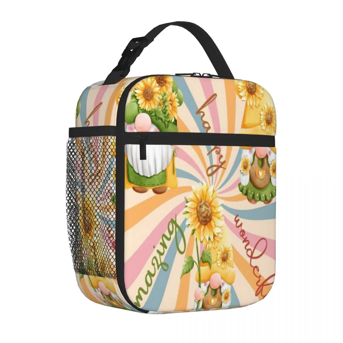 Bestselling Gnome Retro Gnome Flowers Amazing Happy Wonderful Oxford Cloth Meal Bag Homemade Bento Kids Lunch Bag