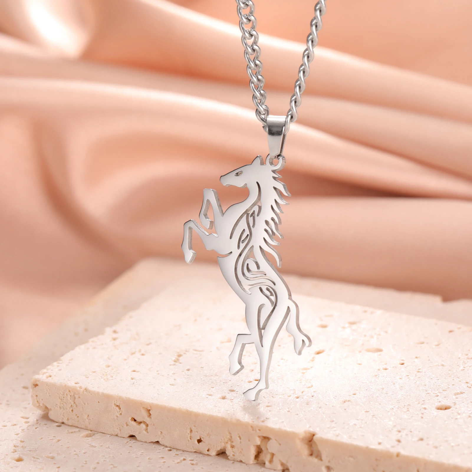 Fishhook Horse Necklace Unicorn Supernatural Amulet Gift For Woman Man Hollow Pendant Stainless Steel Chain Jewelry