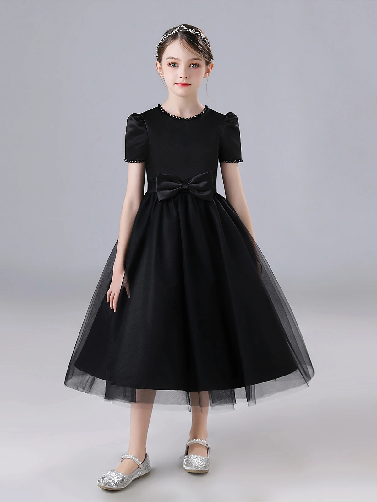 High end satin sheer black dress, formal party dress, children\'s and girls\' birthday concert, youth bridesmaid ，custom dress