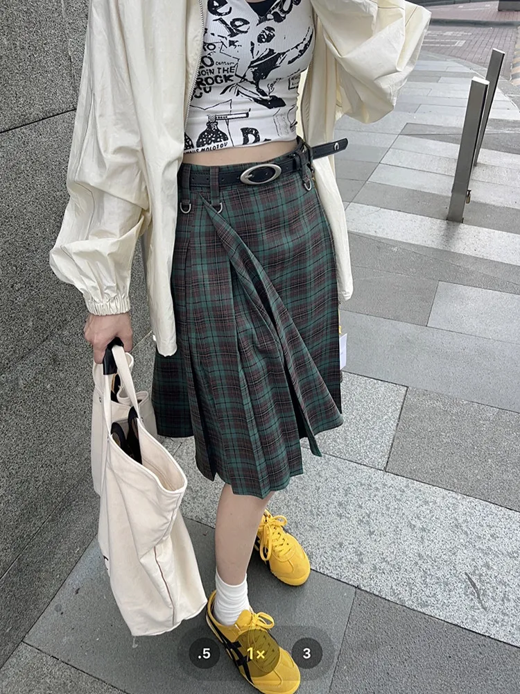 Korean style Preppy Fashion Vintage Plaid Summer Women Midi Skirt High Waist Pleated A-line Temperament Loose Y2K Skirt