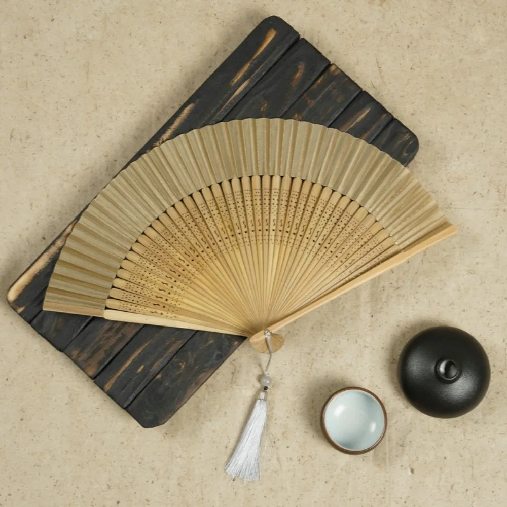 Decorative Fan Carved Handle Bamboo Folding Fan with Tassel Vintage Chinese Fan Handhold Dance Fan Ladies