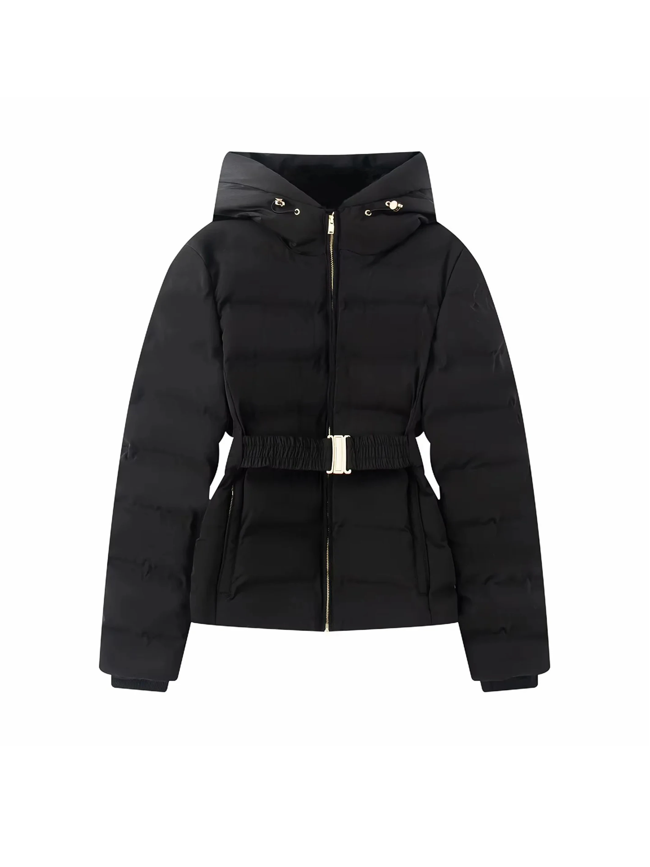 

Women New Thickened Down Jacket Winter Simple Slim Waterproof Windproof Elastic Coat Waist Belt High Neck Zipper Outwear
