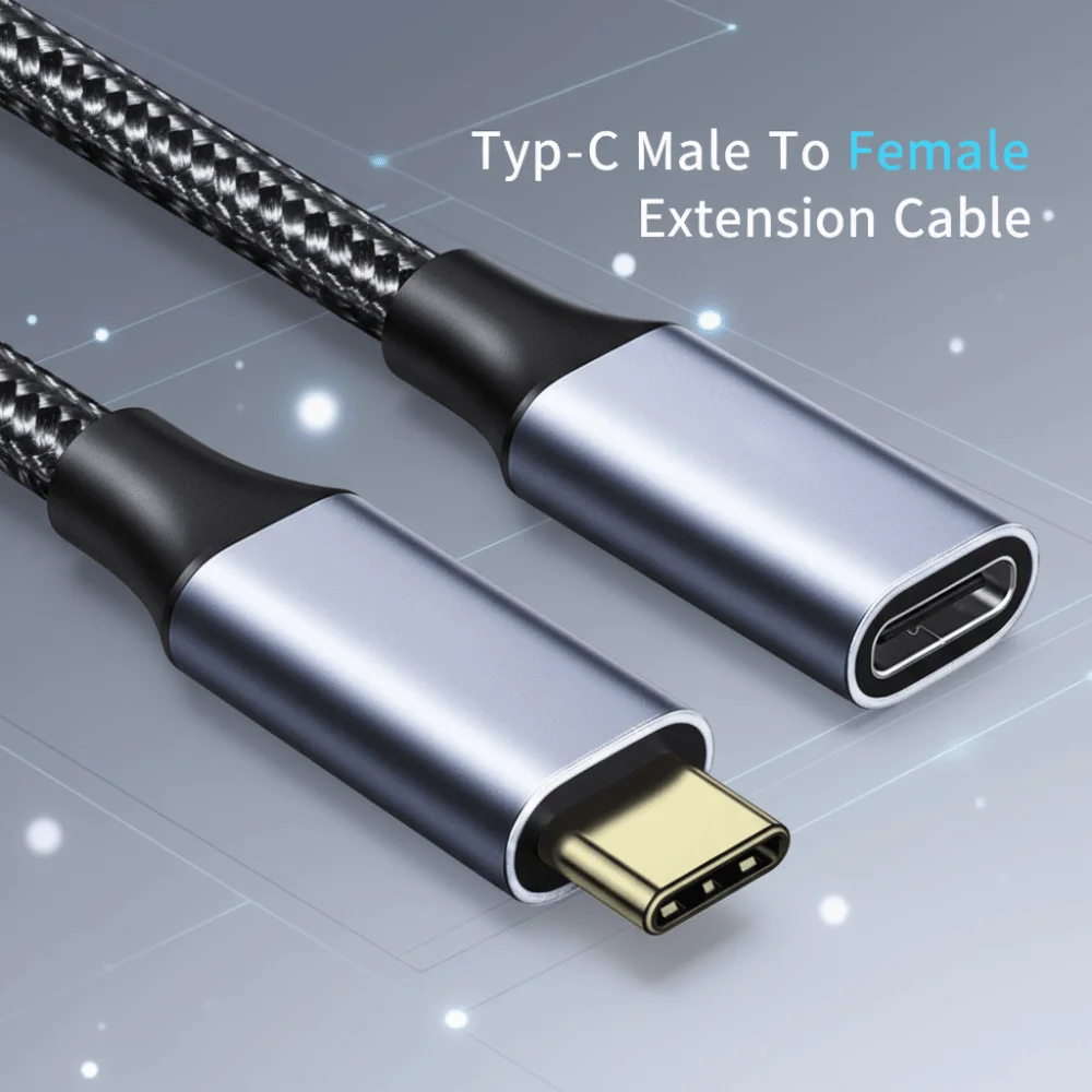 Male To Female Type-C Extension Cable USB C 3.1 PD 100W Type-C Extension Date Line 4K 60Hz Braided Shell Video Extension Cable