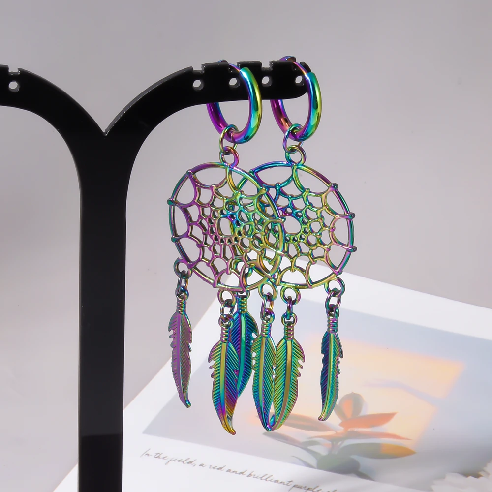 Stainless Steel Hoop Dangle Charm Earrings Rainbow Alloy Dreamnet Bells Snake Fish Bones Gifts Punk Accessories Non Oxidizable