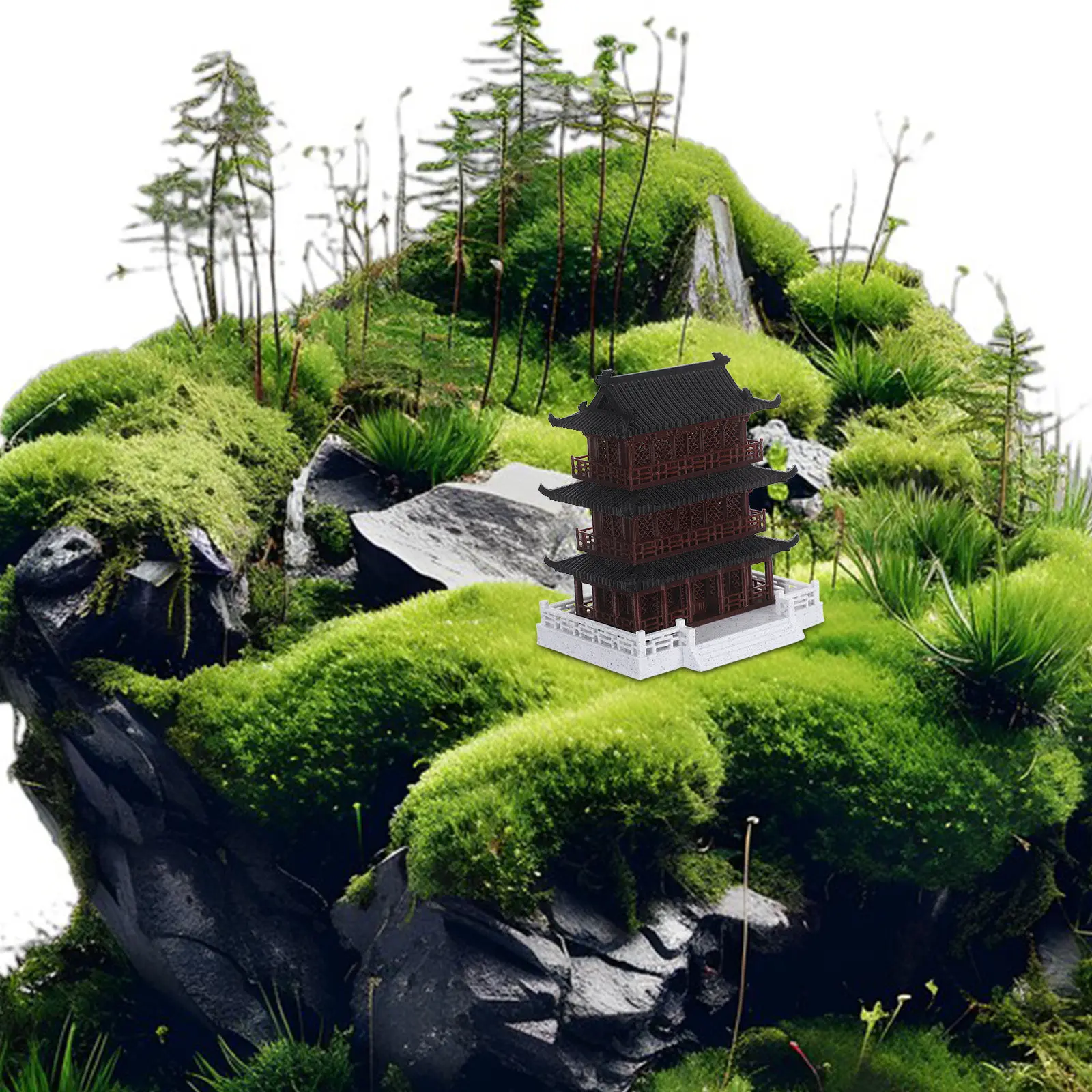 Miniature Chinese Pavilion Three-Tier Ancient Building Decor Elegant Vintage Architectural Tower Ornament for Fish Tank Desktop