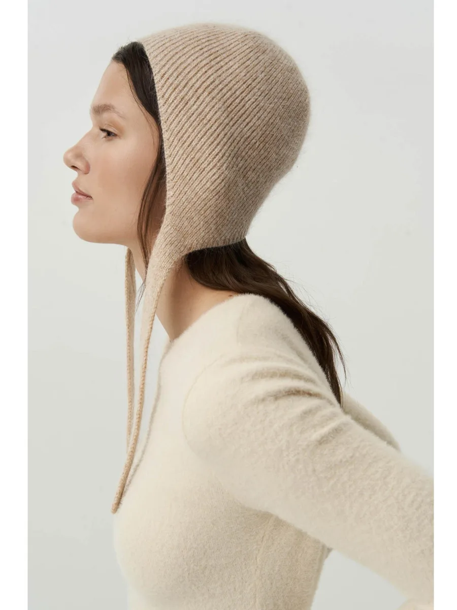 DFDG Women 2026 Spring Autumn Ribbed Knit Balaclava Hat Tie Strap Ear Cover Soft Warm Windproof Daily Casual Solid Beanie Cap