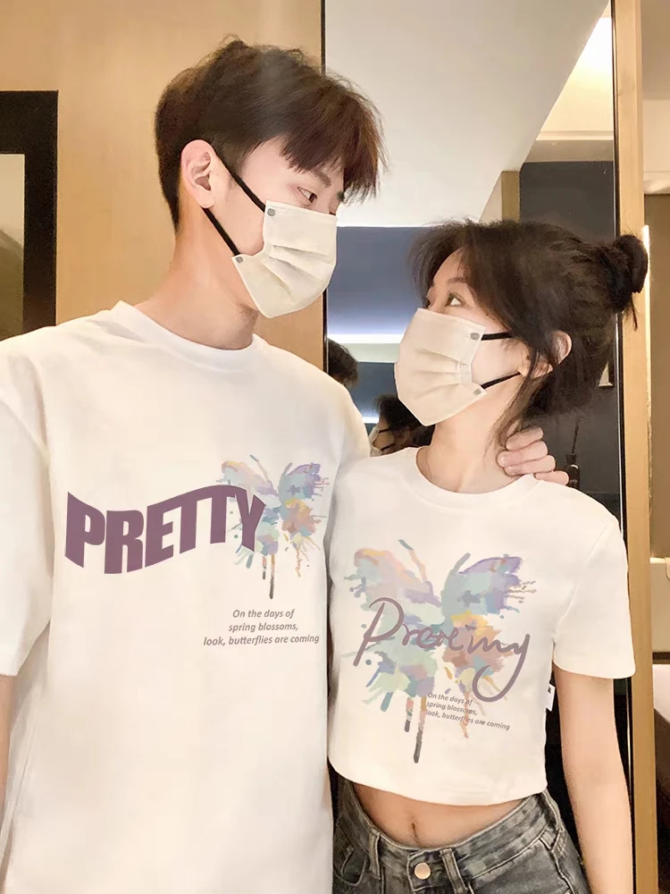 

2024 Colorful Butterfly Print Couple Tshirt Top Set For Lover 240g Cotton Men Short Sleeve T-shirt And Women Sexy Crop Top