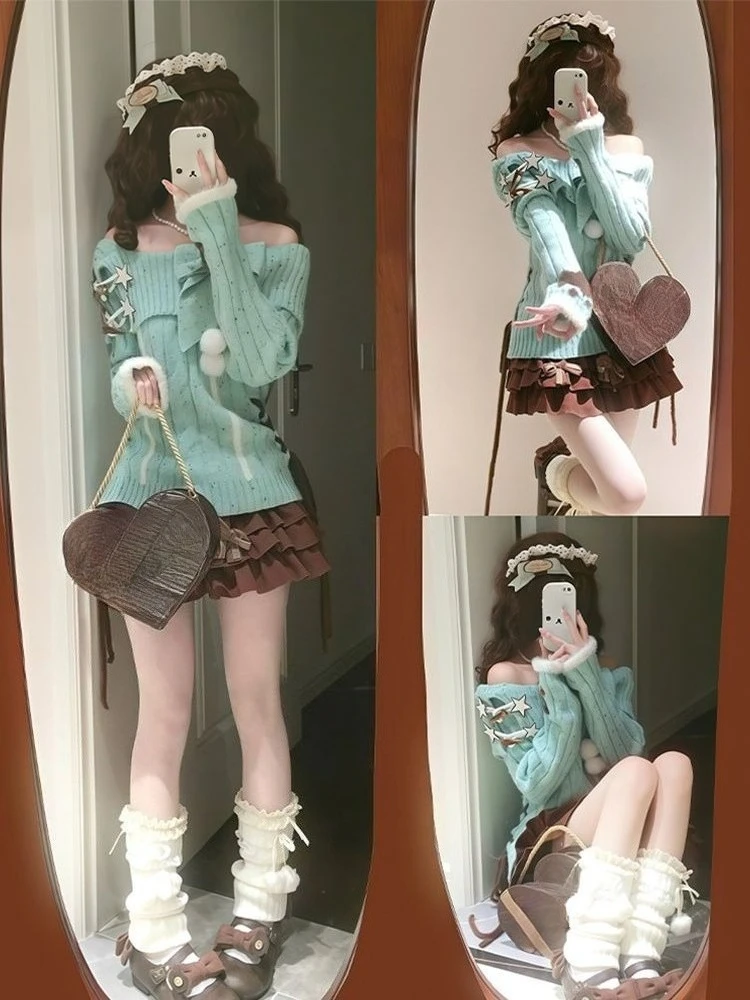 Outono inverno doce sexy y2k e-girls fino ajuste jumpers fora do ombro camisola de malha casual manga longa moda coreana pullovers