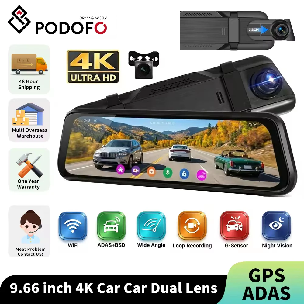 Caméra de Voiture Podofo 4K à Double Objectif avec WIFI, GPS, Moniteur de Stationnement, Rétroviseur ADAS BSD LCA et Aide au Recul