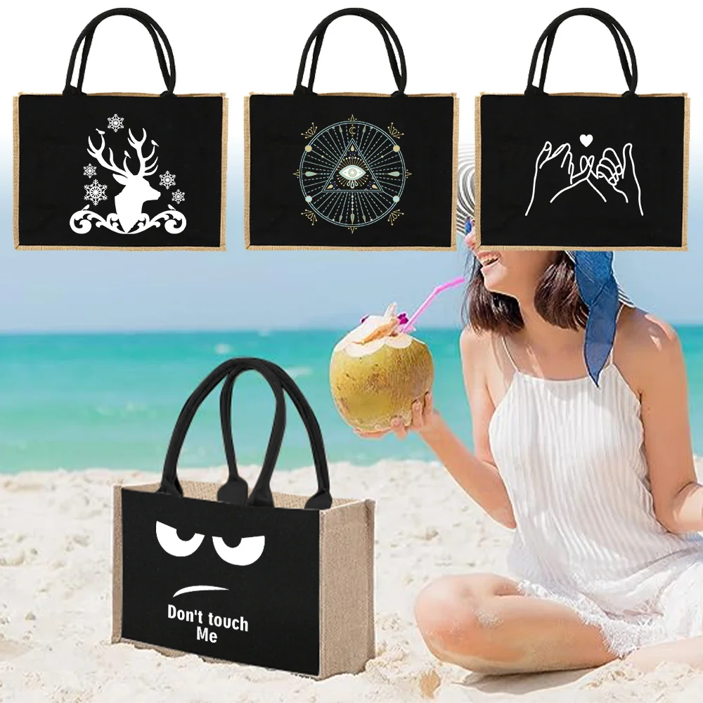 

Jute Bag Handbag Linen Shoulder Bag Sacks Jute Imitation Sacks Linen Bags Women Shopping Bags A Pattern Drawn with White Strokes